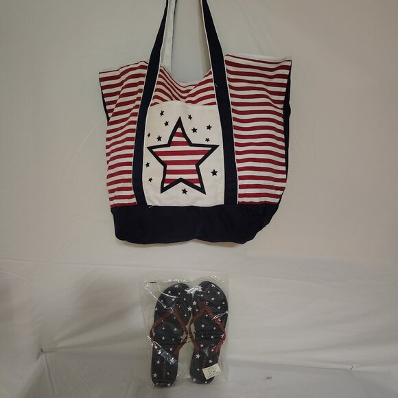 Red, White, Blue Beach Bag w/Flip Flops - Picture 1 of 2